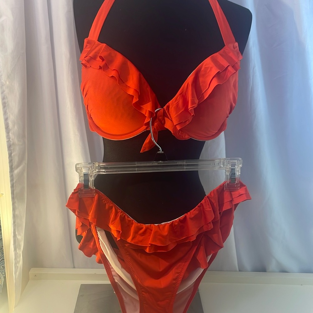 GTZ deep tangerine bikini with ruffles on top and bottom size 12.